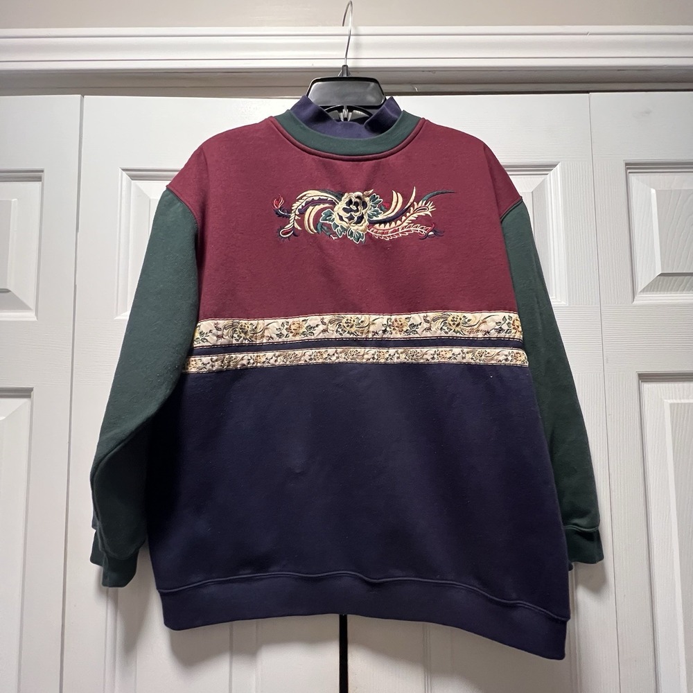 Vtg 90s Renee M Sport Colorblock Mock Neck Sweatshirt Women's XL County Grandma